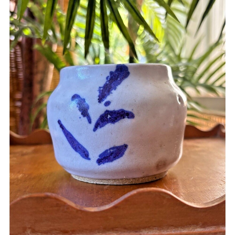 Vintage Signed Studio Pottery Vase –Speckled Glaze with Cobalt Blue Abstract
